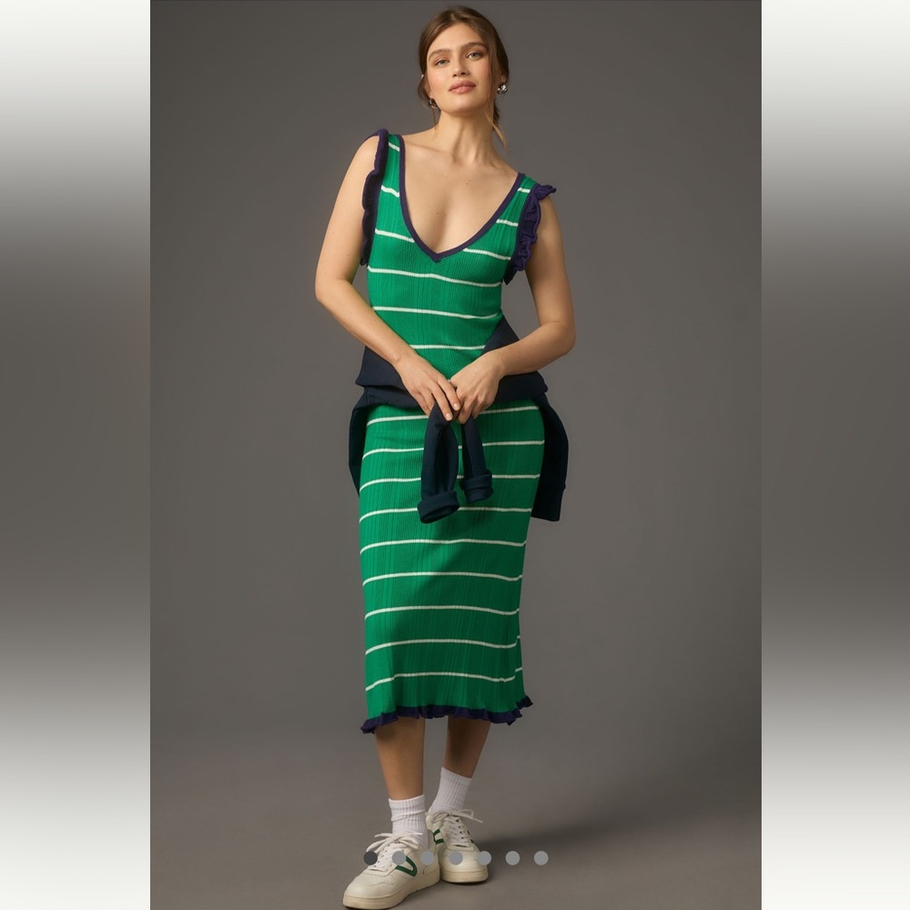 🌍 Anthropologie Daily Practice green & blue ruffle sweater dress large